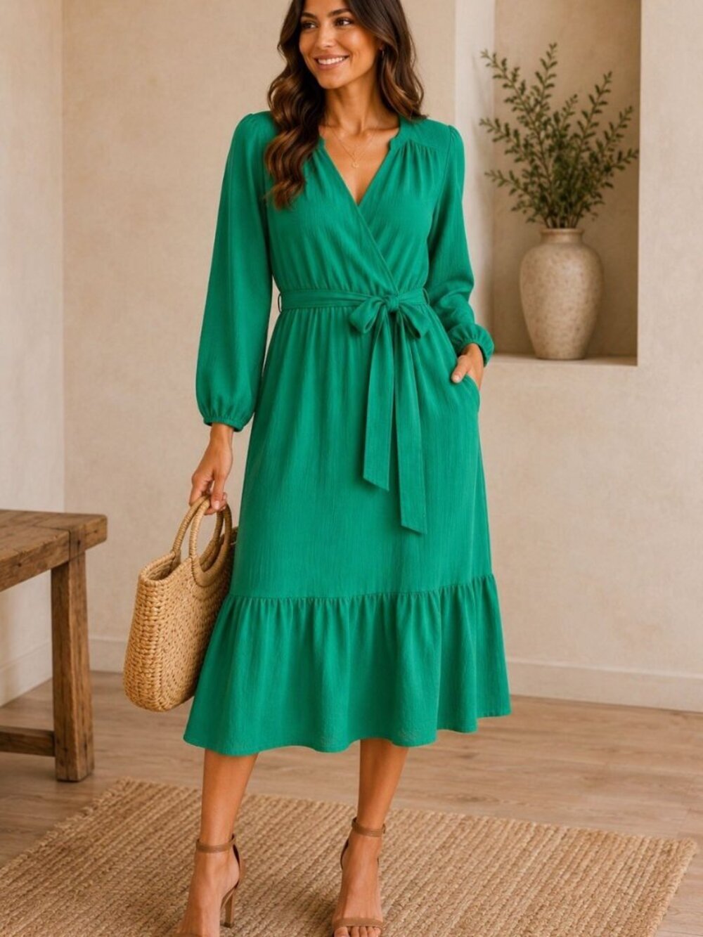 Fred David L Kelly Green Tiered Midi Dress Faux Wrap Belted Modest Office Church